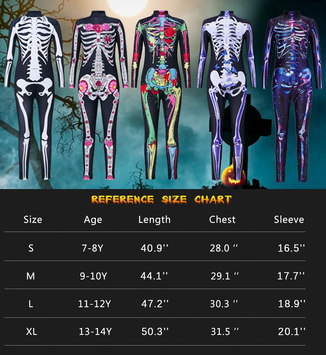 Kids4ever Unisex Bambini Scheletro di Halloween Body Tute Intere con Stampa di Ossa con Cerniera Stretch Fancy Cosplay One Piece per Ragazze Ragazzi 7-14 Anni