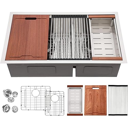 Lordear Double Bowl Kitchen Sinks 33 Inch Ledge Workstation Sink Double Bowl 60/40 Low Divide 16-Gauge Stainless Steel Undermount Kitchen Sink 33x19 Inch Deep Kitchen Sinks