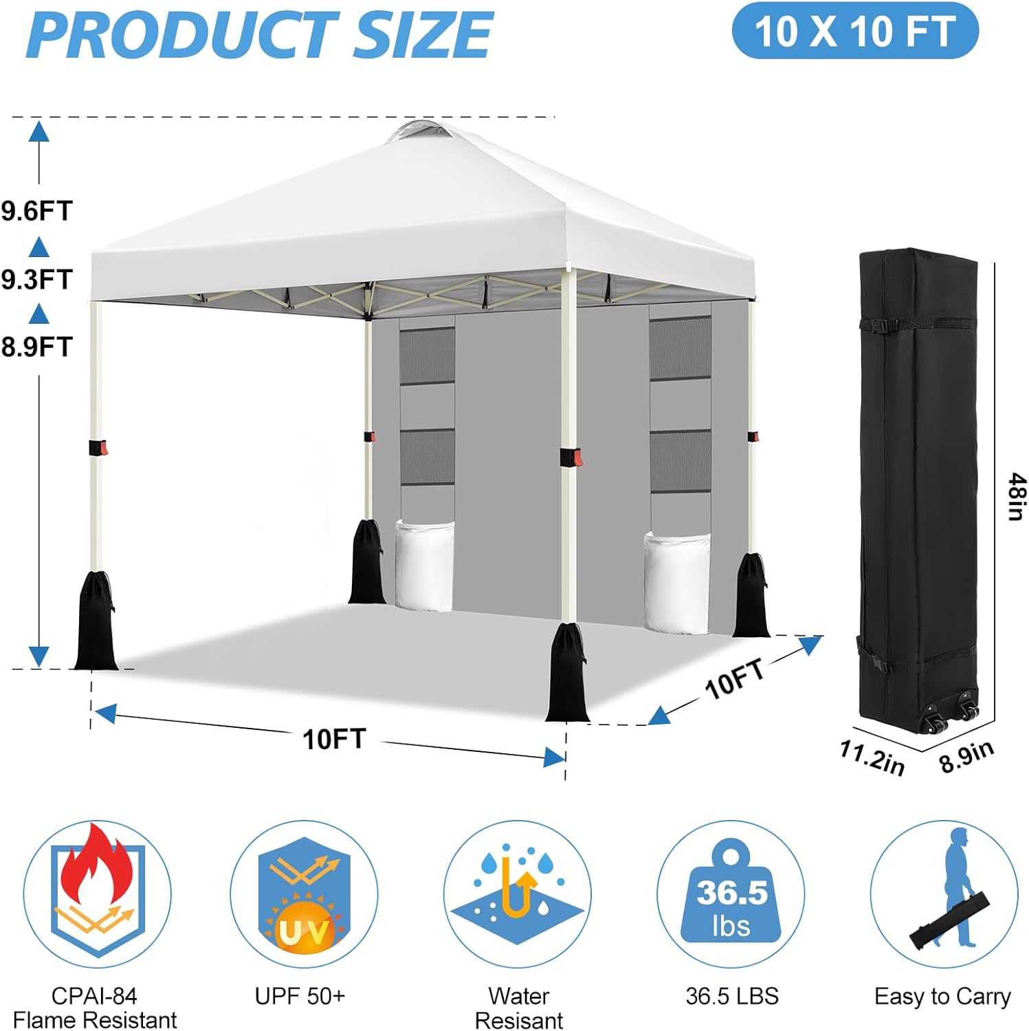 WEIZE 10x10 Pop Up Canopy Tent, 1-Button Push Setup Canopy Tent with 1 Sidewall, Adjustable Height Instant Portable Shelter, Portable Roller Bag,Easy Outdoor Sun Shade for Events,4 Weight Bags,White