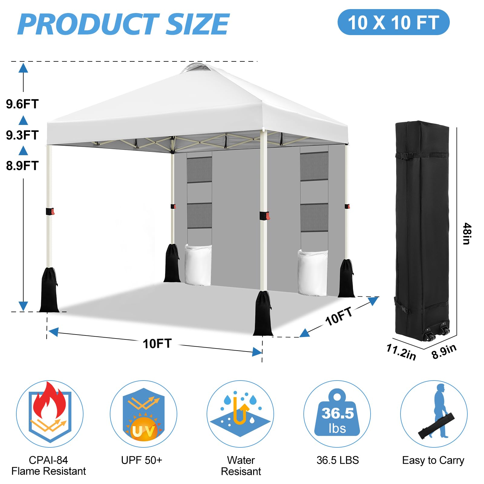 WEIZE 10x10 Pop-Up Canopy Tent – One-Button Setup, Adjustable Height, Includes Sidewall & Roller Bag – Great For Outdoor Events