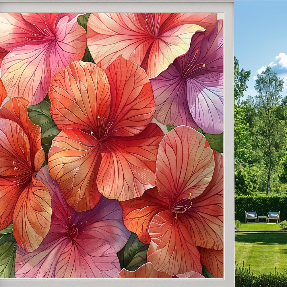Colorful Hibiscus Blossom Frosted Window Film, Vintage Nature Flower Stained Glass Privacy Film, Heat Insulation Self-Adhesive Vinyl for Bathroom Office, （50x90cm）