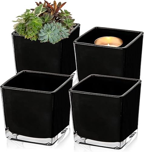 Jarrón cuadrado de cristal, 5 x 5 pulgadas, color negro, maceta floral para hogar, fiesta, evento, boda, portavelas, juego de 4