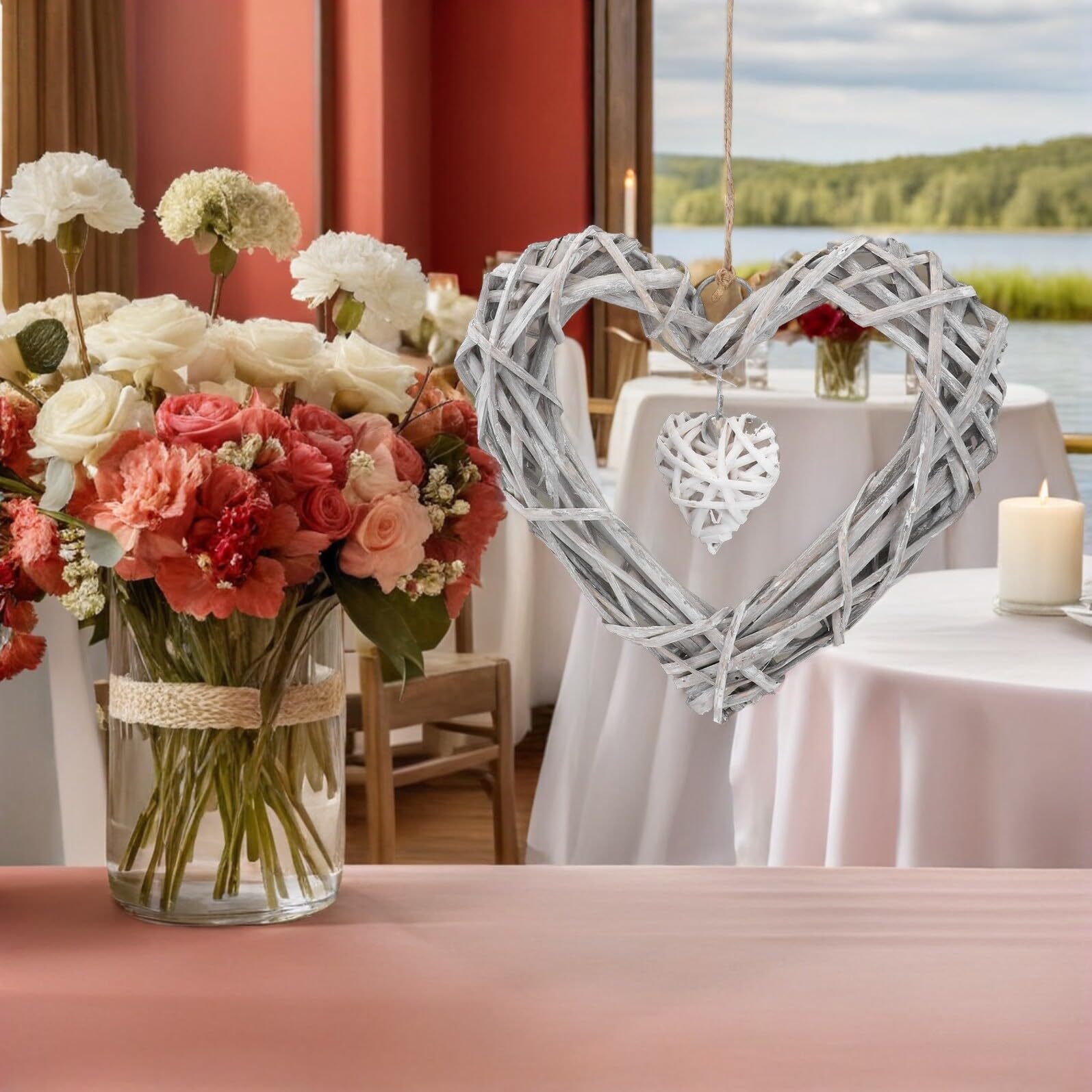 SHINEOFI 4piezas Adornos Colgantes de Ratán Forma de Corazón Guirnalda de Corazón de Mimbre para Pared Decoración de Boda Fiesta
