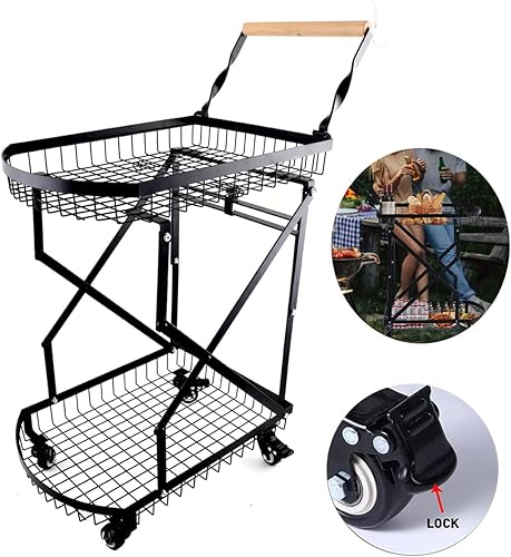 Miniatura 5 de Carrito plegable multiusos de 2 niveles, carrito de compras plegable móvil con caja de almacenamiento de ruedas y mango de madera para oficina, sala