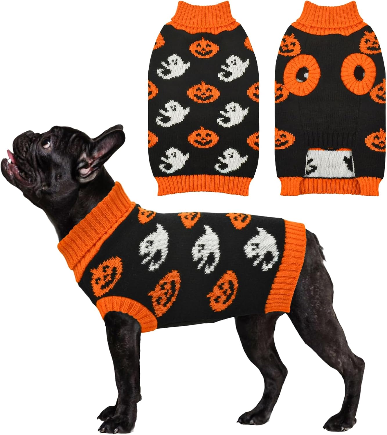 Vehomy Dog Halloween Sweater Pet Pumpkin Ghost Costume Cat Pumpkin Turtleneck Knitwear Shirt Pullover Dog Puppy Halloween Sweaters Clothes Outfits for Cats Small Medium Large Dogs S