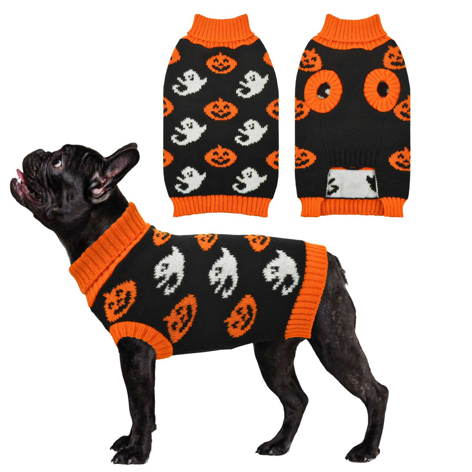 Vehomy Dog Halloween Sweater Pet Pumpkin Ghost Costume Pet Dog Cat Pumpkin Turtleneck Knitwear Shirt Pullover Dog Puppy Halloween Clothes for Small Medium Dogs Cats L — image 1