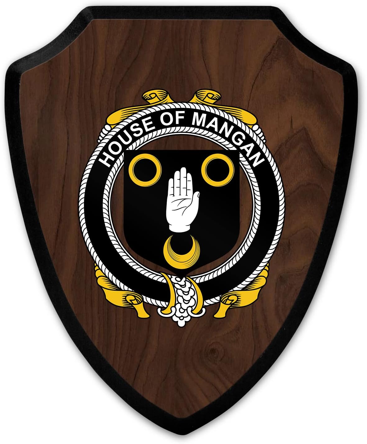 HARD EDGE DESIGN Family Coat of Arms Heritage Shield Plaque, Irish House Heraldry Mangan with Dark Wood Background
