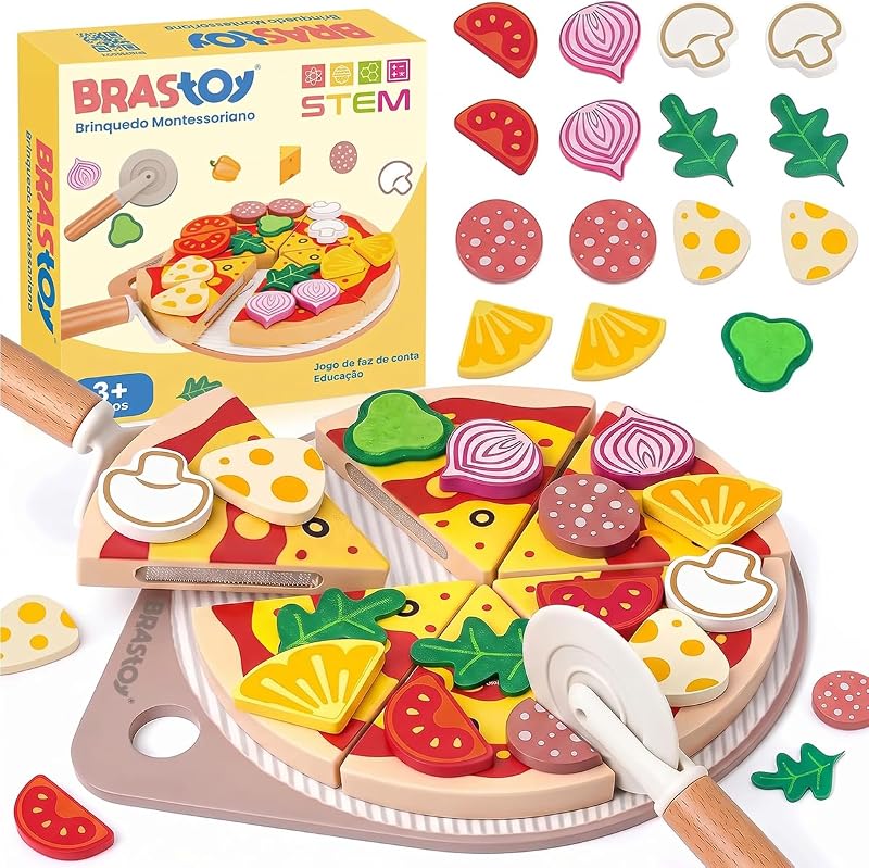 Brinquedo Comidinha Faz de Conta, Conjunto Pizza Madeira Cozinha Infantil