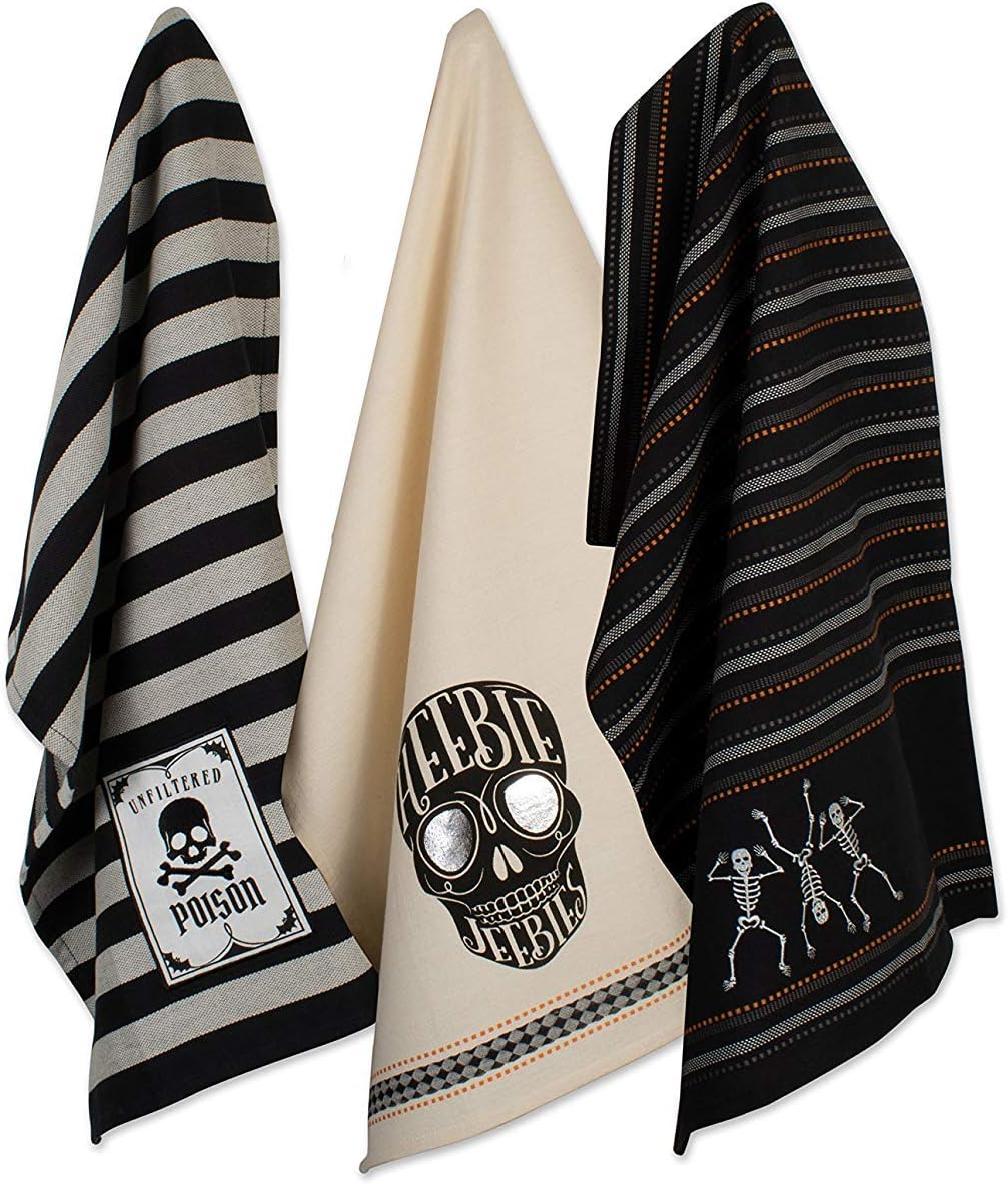 DII Happy Halloween Dishtowel Collection Embellished Cotton Kitchen Hand Towel Set, 18x28, Skeleton, 3 Count