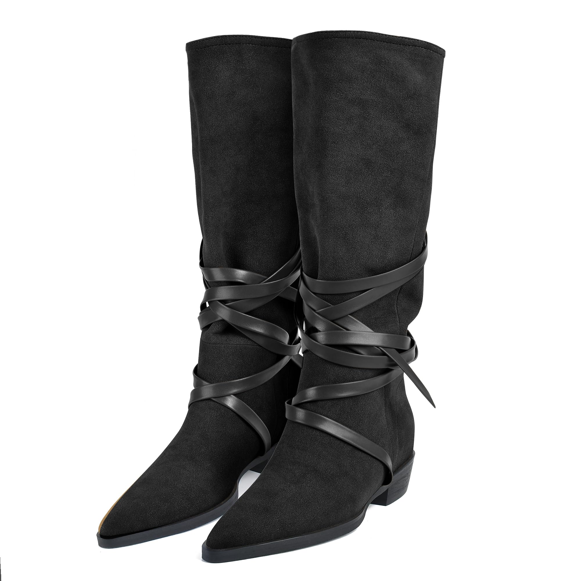 JANSEVEN Western Mid Calf Cowgirl Boots for Women Cowboy Casual Boots Strappy Pointed Toe Lace Up Boot Low