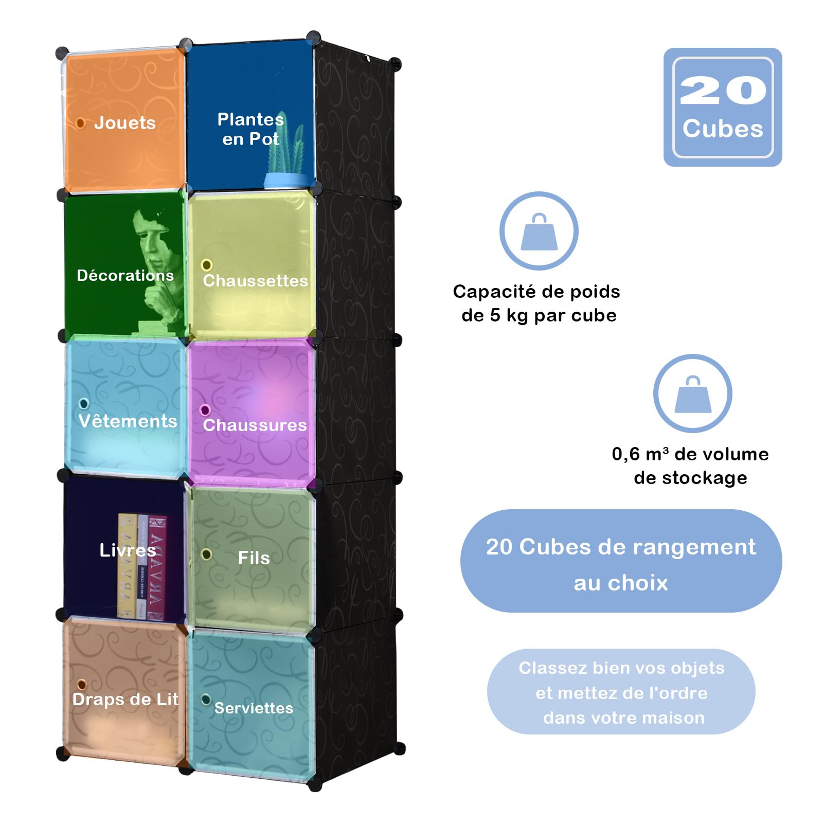 COSTWAY Armoire Penderie, Armoire de Rangement en Plastique, Motif imprimé, Armoire Chambre Adulte pour Vêtement, Chaussures Jouets, Grande Capacité (20 Cubes)