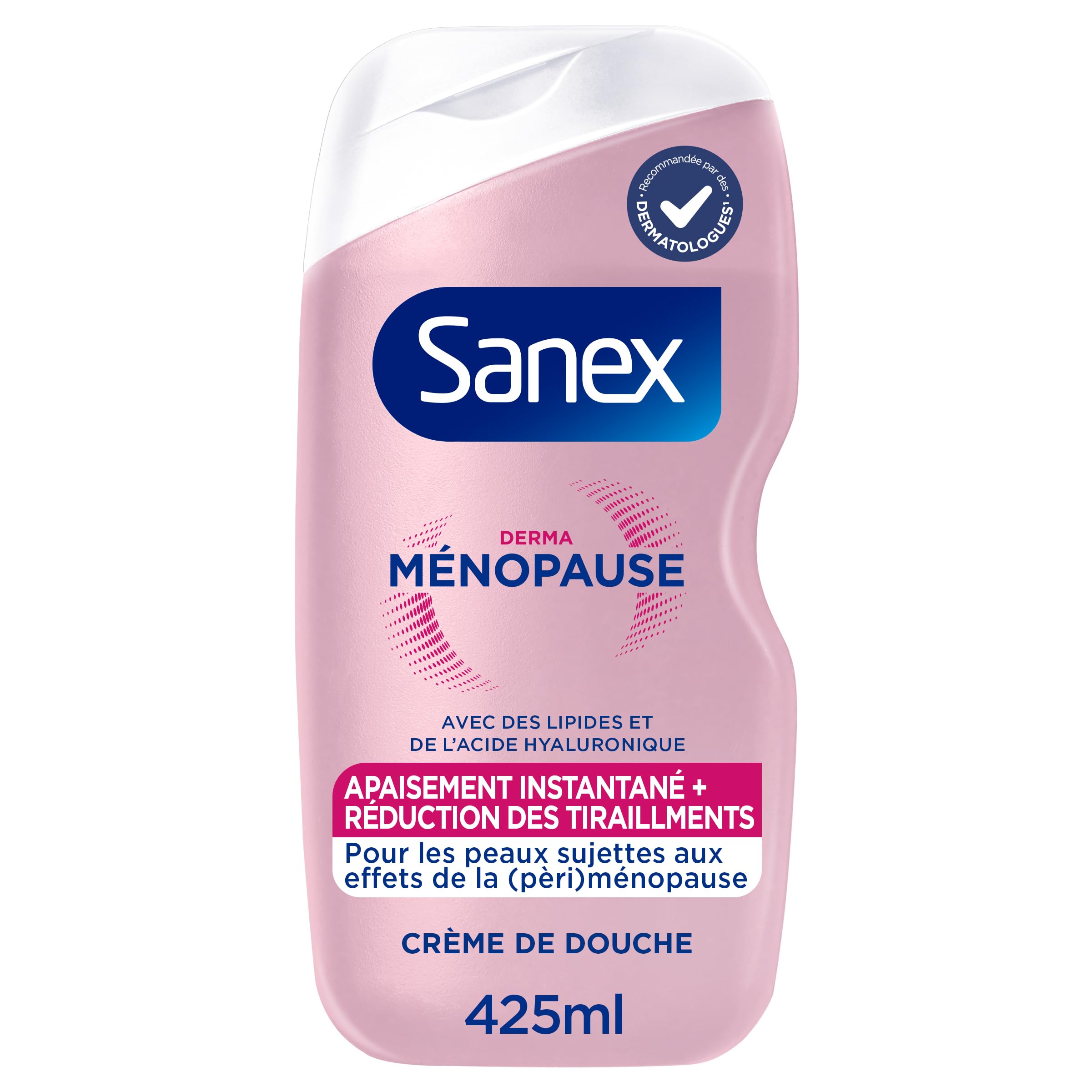 SANEX - Crème de Douche Derma Ménopause - Gel Douche - Soin pour Peaux en Périménopause et Ménopause - Hydratation 24h et Réduction des Tiraillements - Lipides et Acide Hyaluronique - Format 425ml