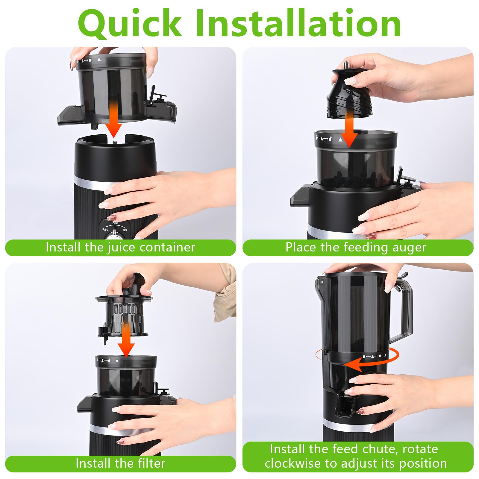 Sokowirówka Slow Juicer 200 W z dużym otworem wlotowym 112 mm do całych warzyw i owoców, zwycięzca testu, nie zawiera BPA, łatwa do czyszczenia, czarna