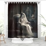 Ghost Bride Portrait Shower Curtain,Gothic Victorian Print Shower Curtain for Bathroom with 12 Hooks,Creepy Halloween Bathroom Accessories,Vintage Waterproof Fabric Bath Curtain Decor,72 x 72 Inch