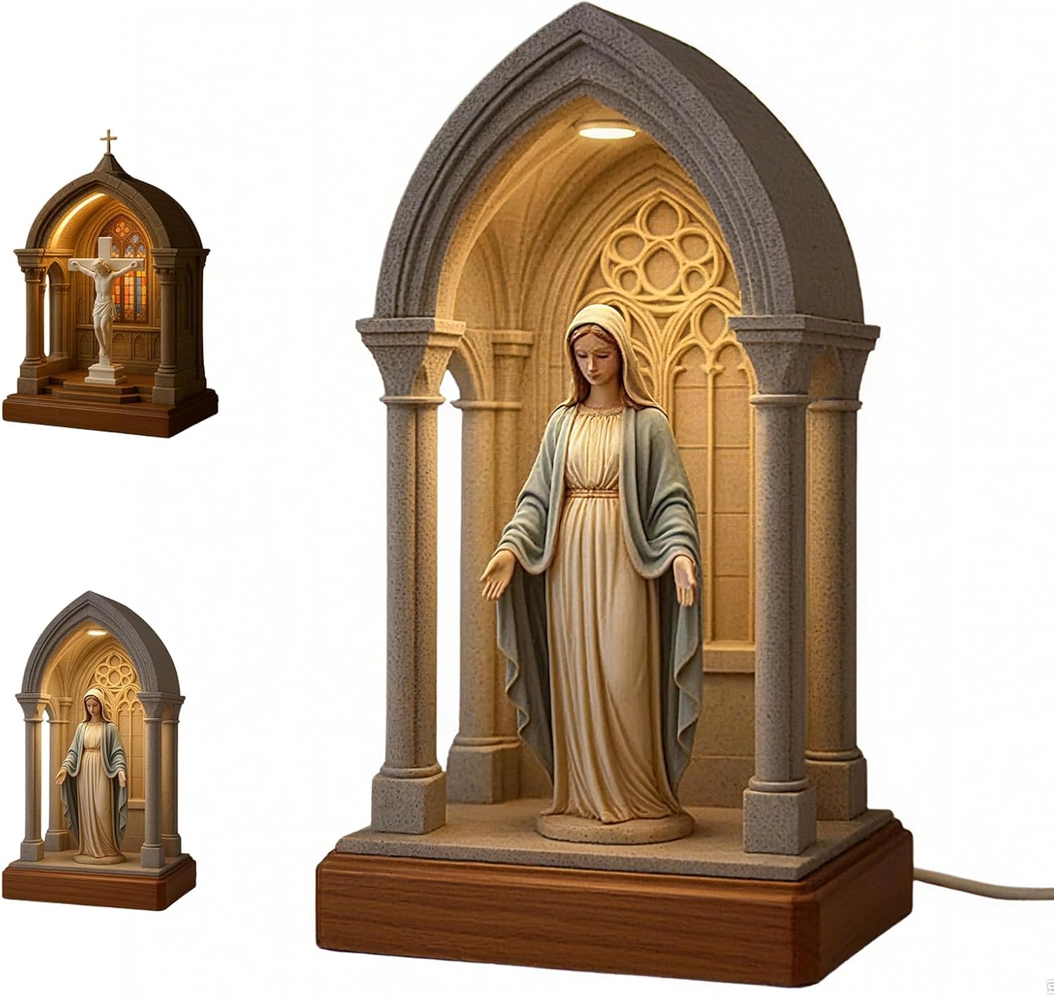 Gothic Cathedral LED Prayer Shrine Night Light, Religious Decor Table Lamp with Illuminated Arch, Gray Stone, Wood Base, 16 Inch (B)