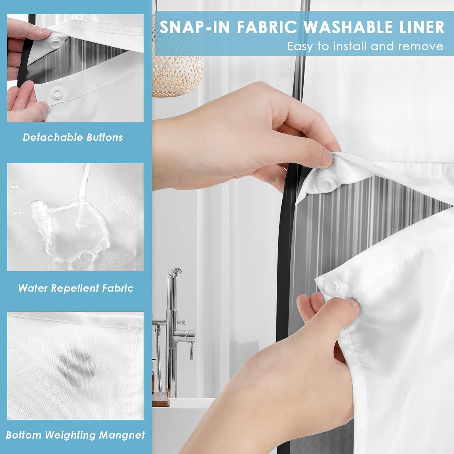 No Hook White and Black Ombre Shower Curtain with Snap in Fabric Liner Set, Simple Artistic Aesthetic Double Layers Waterproof Fabric with See Through Top Window Open Grommet Curtain 71x74 Inch