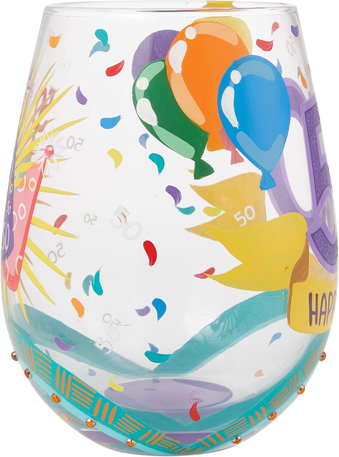 Enesco Lolita Designs Happy 50th Birthday Hand-Painted Artisan Stemless Wine Glass, 20 Ounce, Multicolor - Image 5