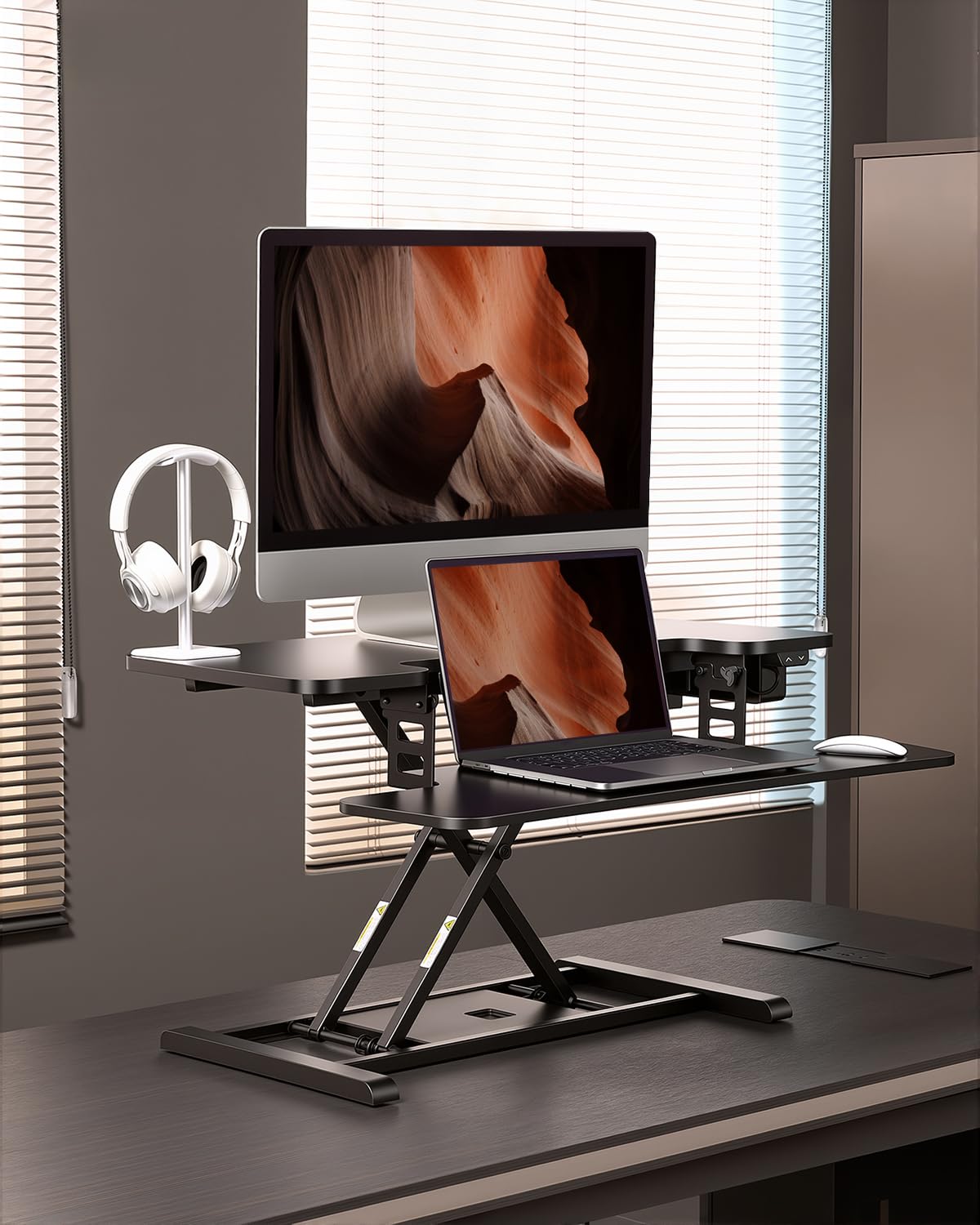 FLEXISPOT 35 Electric Standing Desk Converter Motorized Height Adjustable Sit Stand Riser Fits Dual Monitors Laptop Wide Keyboard