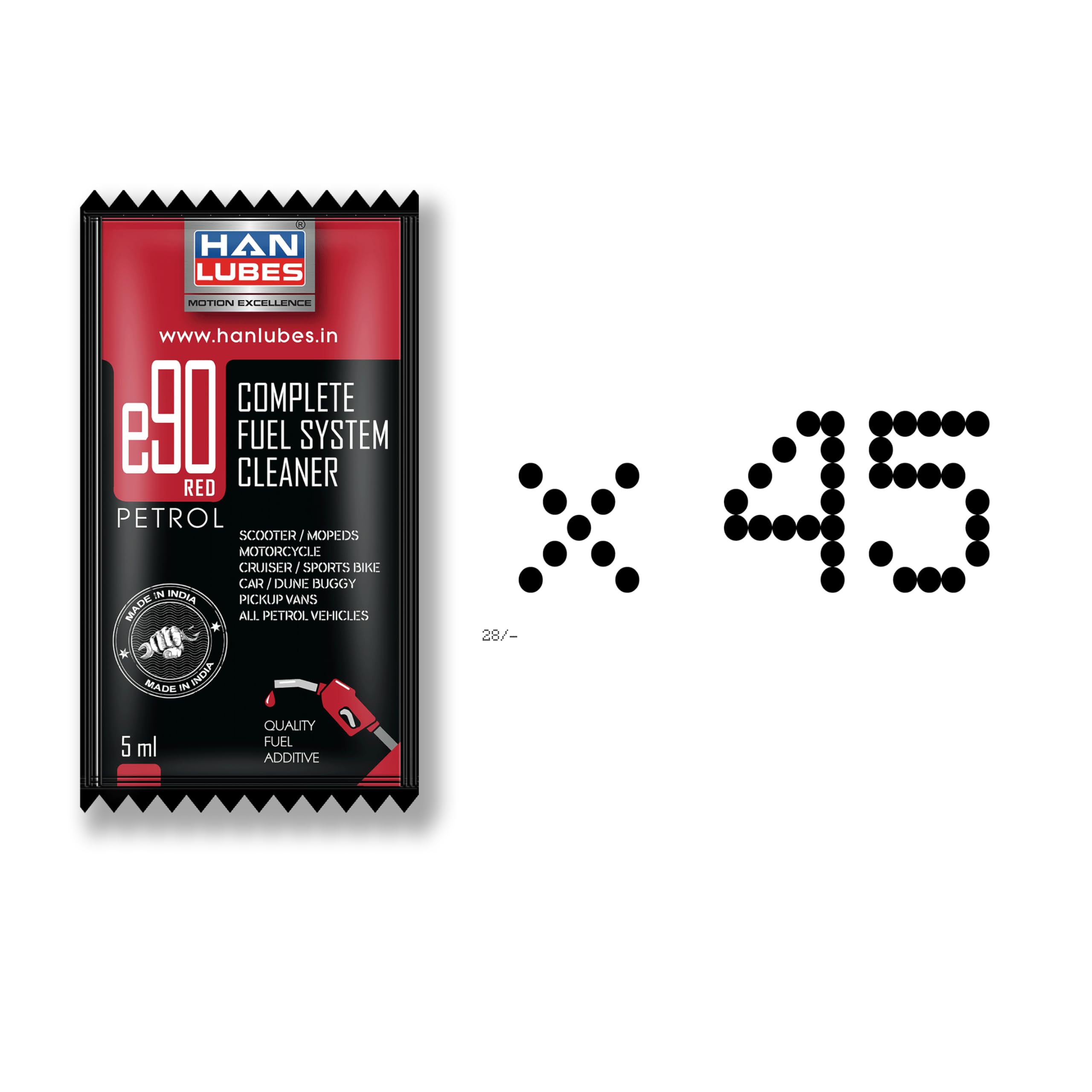E20 Petrol Additive India – Han Lubes E90 Red Petrol Additive (5ml x 45) | Complete Fuel System Cleaner for All Petrol Engines | Treats 450L | Improves Pickup, Mileage, Engine Smoothness & Cleanliness