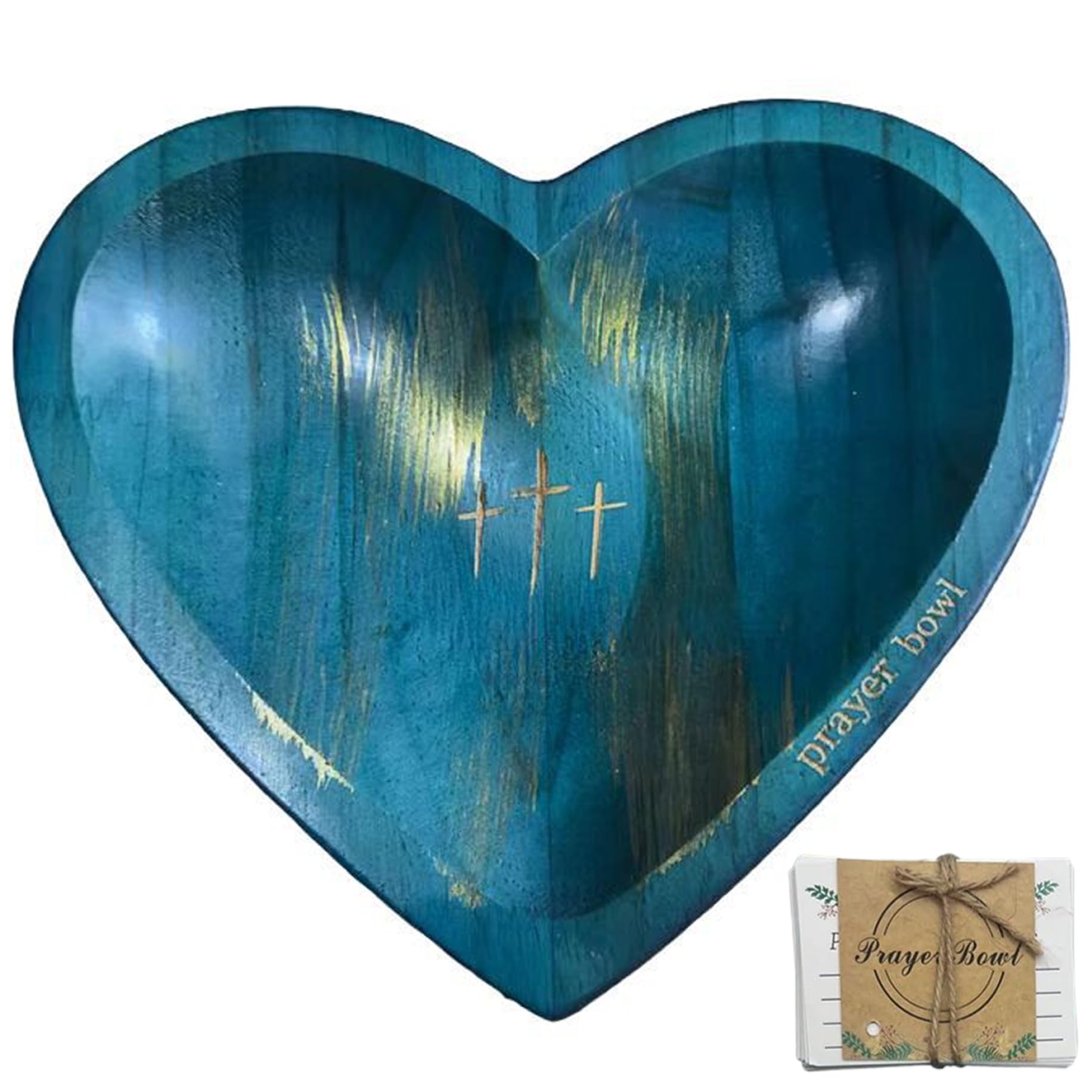 Bol de prière en bois avec carte coeur et sculpture croisée pour église