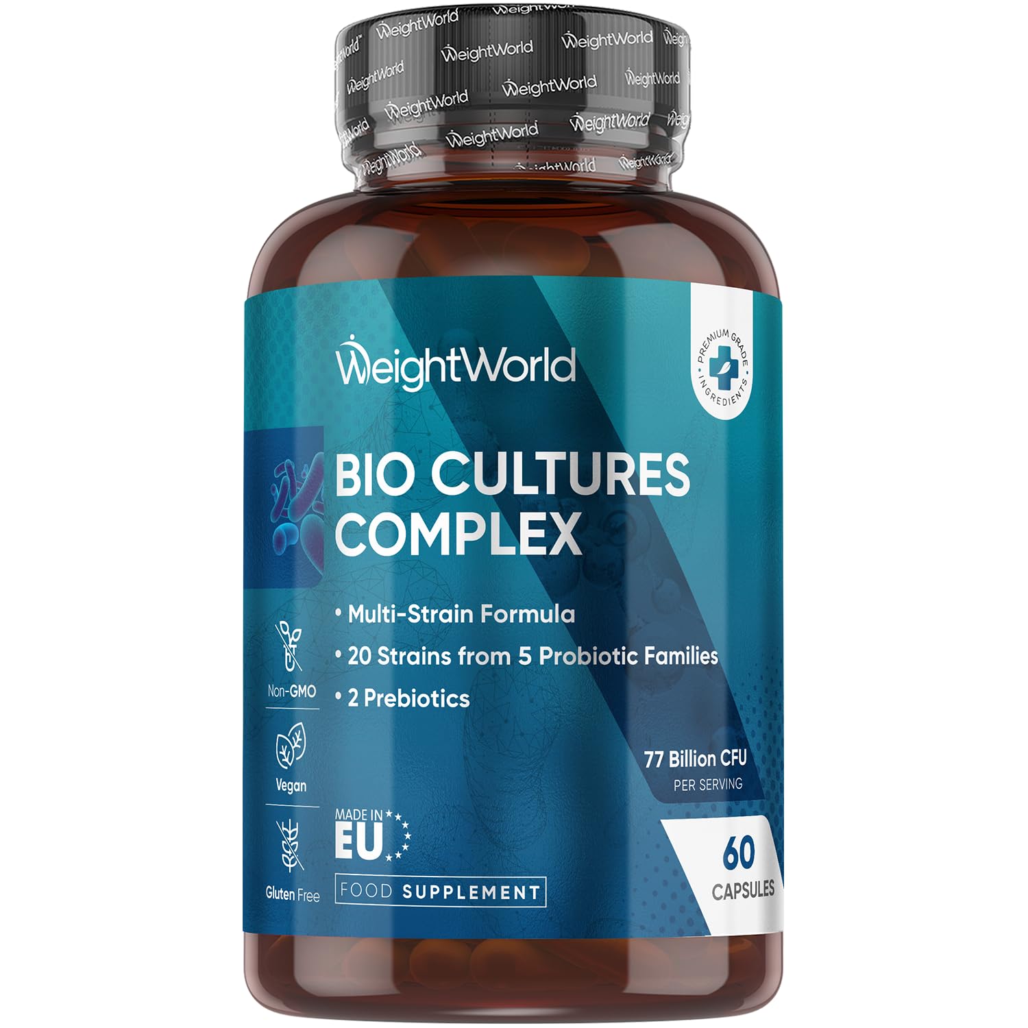 Bio Cultures Complex Probiotics and Prebiotics - 77 Billion CFU - 20 Live Cultures - 60 Capsules - Strains Like Lactobacillus Acidophilus & Casei - Prebiotic and Probiotic Supplements for Women & Men