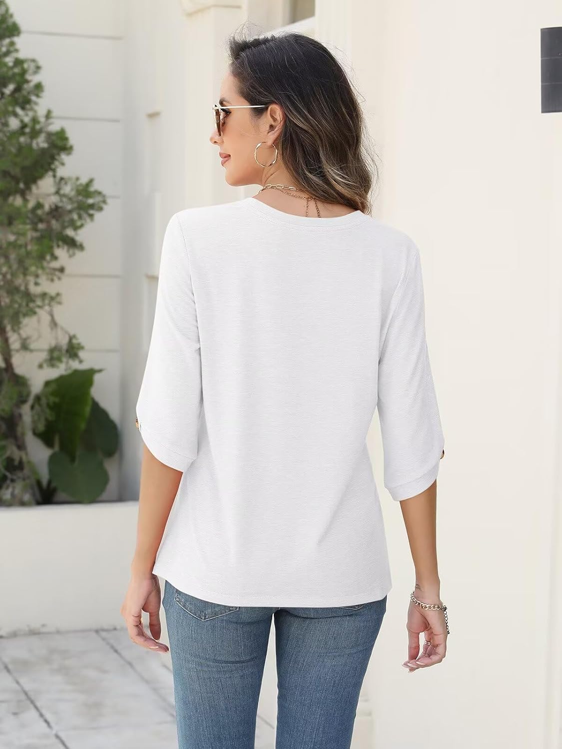 EADINVE Womens Tops 3/4 Length Sleeve Crew Neck Casual Trendy Button Tunic Tops Basic Shirts Loose Fit Blouse - Image 6