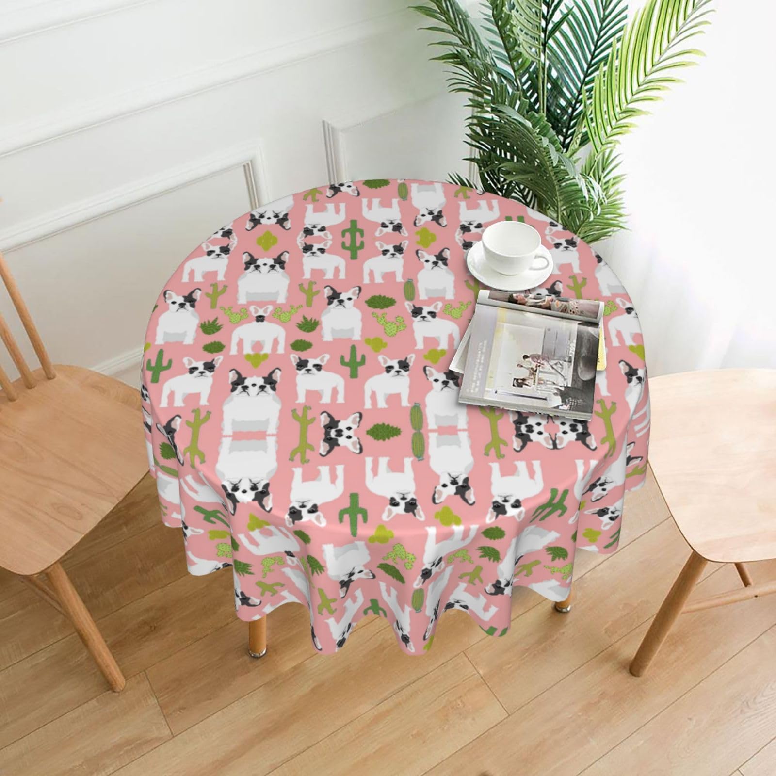 SDEGTHO Cactus and dog Print Modern Retro Round Tablecloth 60in Polyester Fabric Cover for Party Dining Table Washable