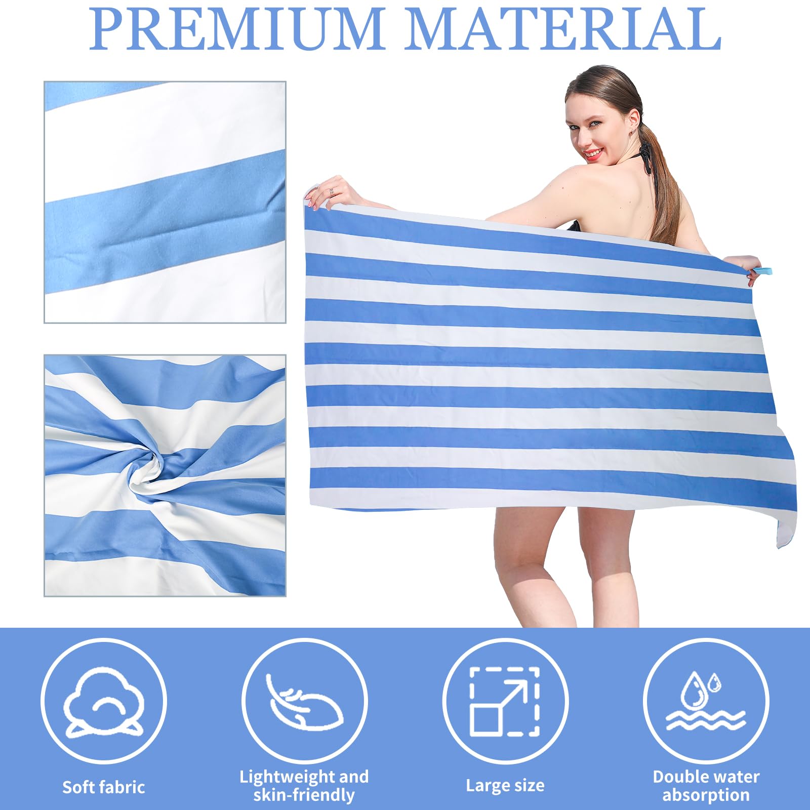 TMEOG Telo Mare Microfibra 180x80cm Telo Spiaggia Antisabbia Asciugatura Rapida Asciugamano Mare Leggero Salviettone Coperta Mare Sottile da Viaggio Piscina per Donna Uomo(Righe blu)