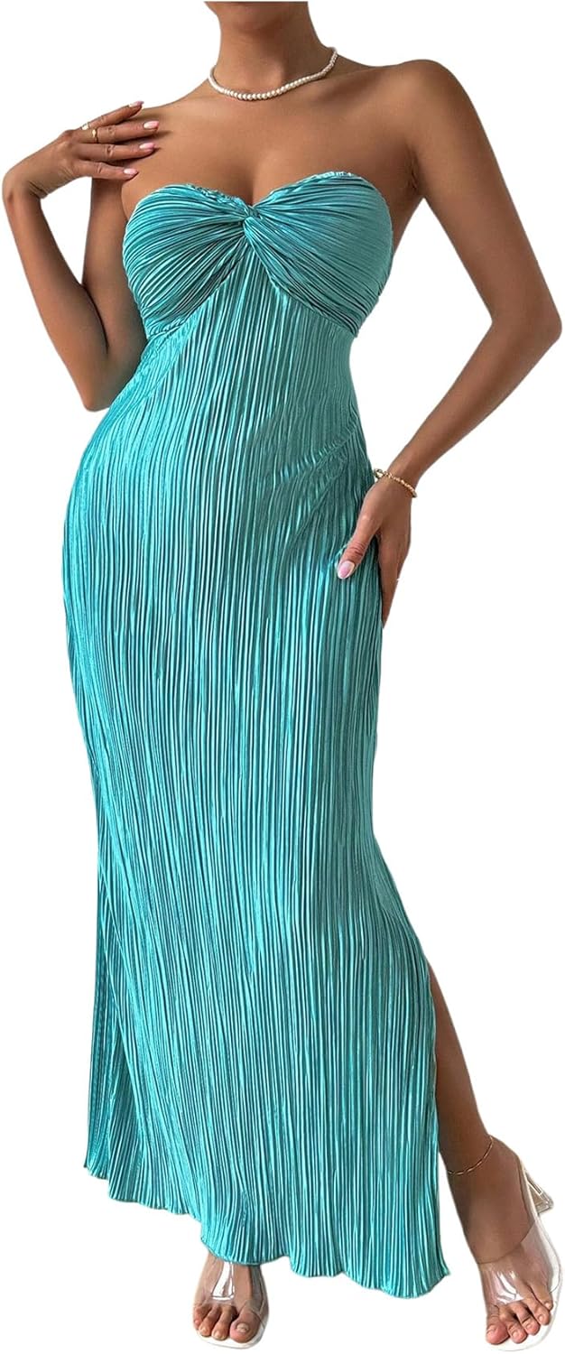 SOLY HUX Women's Twist Front Strapless Tube Dress Tie Backless High Split Vacation Maxi Dresses