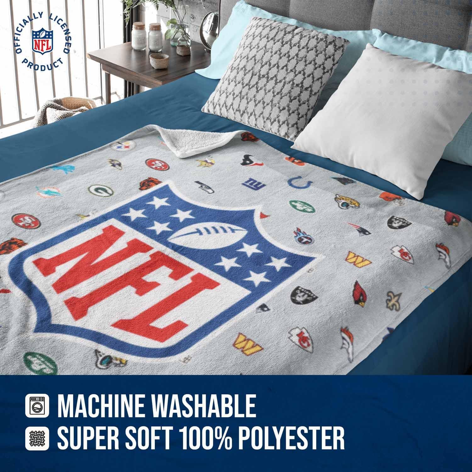 FOCO NFL Ultimate Football Fan All Team Logo Sherpa Blanket - 50"x60" - Soft Warm Cozy - Officially Licensed (NFL - Team Color)