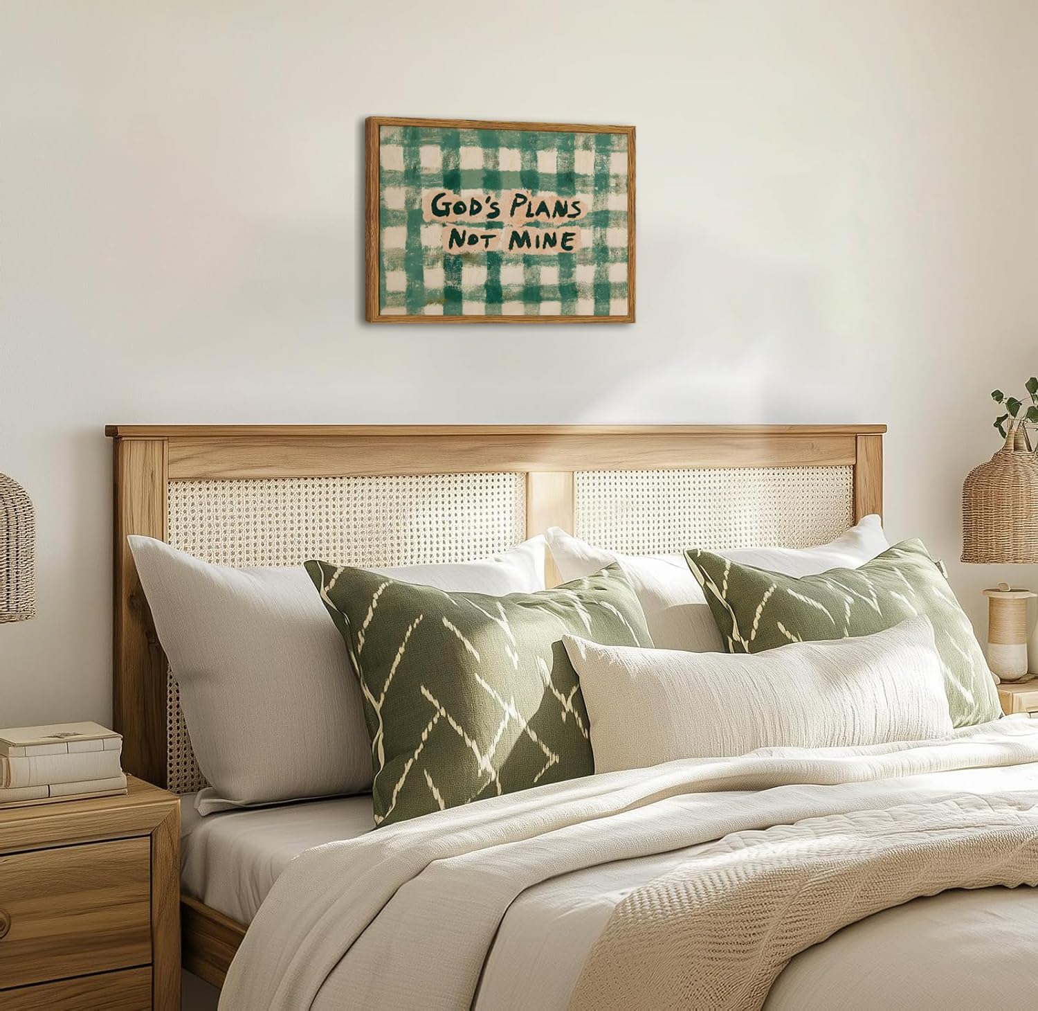 Framed God's Plans Not Mine Canvas Wall Art, Inspirational Faith Quote Pictures Wall Decor, Green Gingham Paintings Prints Christian Home Decor for Living Room Bedroom Dorm Office 12x16 inch