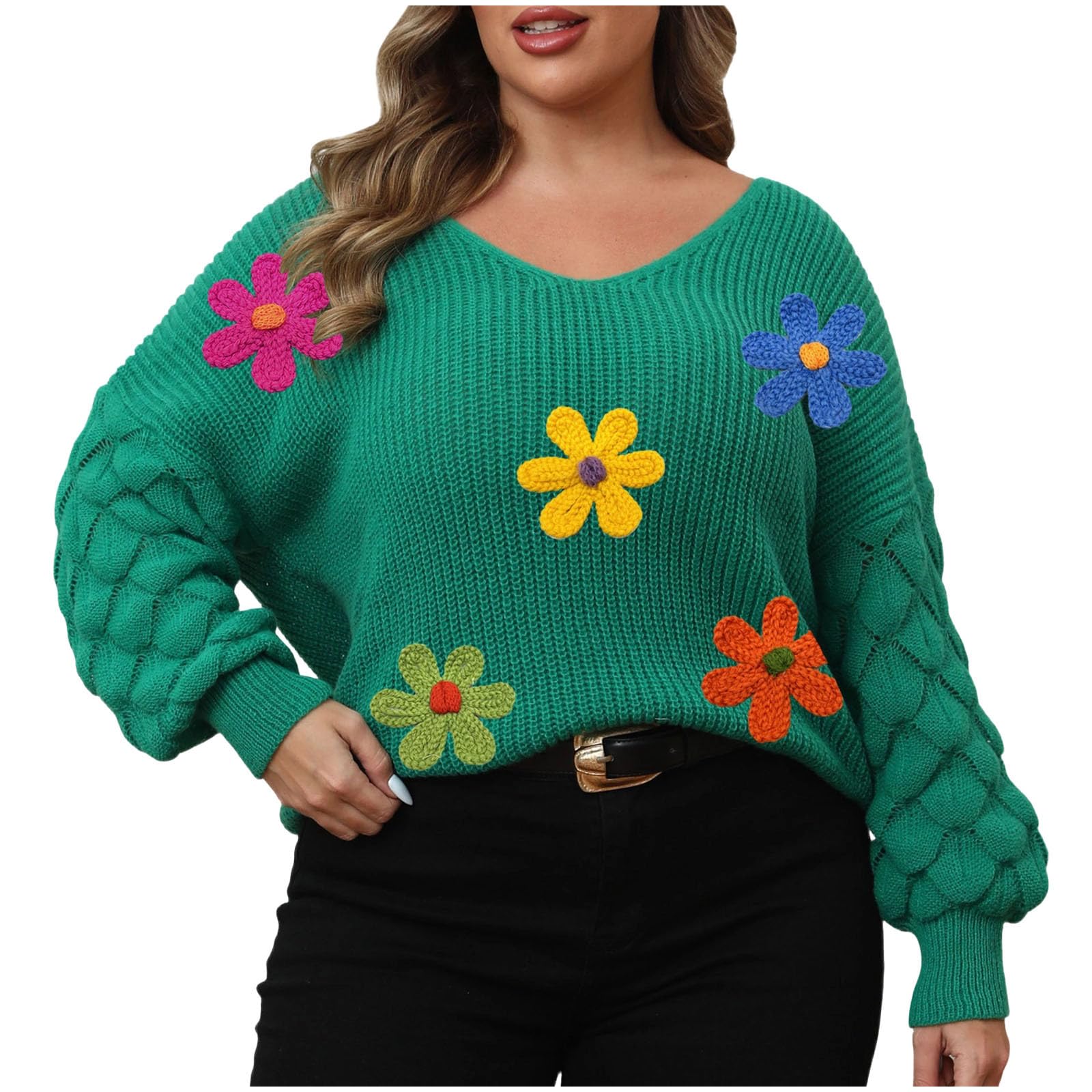 Plus Size Sweaters for Women Lantern Long Sleeve V Neck Crochet Flower Sweater Trendy Chunky Cable Knit Pullover