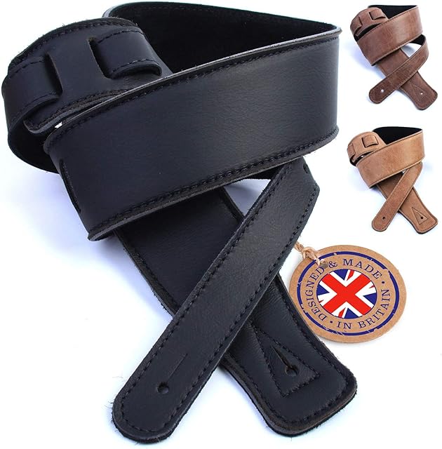 British Handmade Real Leather Guitar Strap: Finest Ultra Soft Italian Nappa Leather, 130cm long Foam Cushion Padded Guitar Belt - Suits Electric, Bass or Acoustic Instruments (inc Semi/Electro)