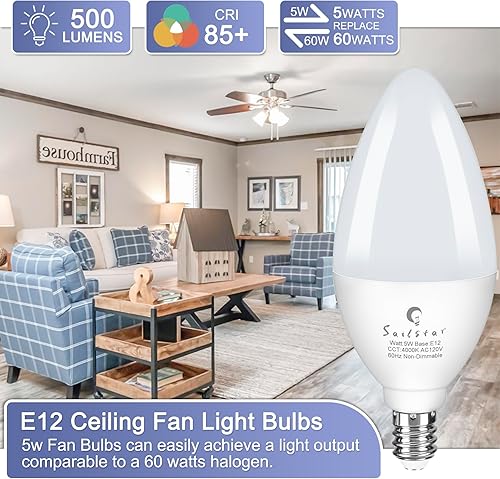 Miniatura 2 de Sailstar Bombillas de candelabro equivalente a 60 vatios, luz natural de 4000 K, 5 W, E12, base pequeña, tipo B, 500 lúmenes, bombillas para