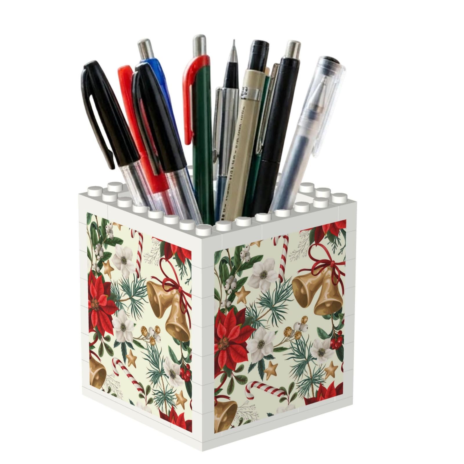 Poadnly Christmas Poinsettia Floral Xmas Bell, Pen Pot Pencil Holder for Office Home School, Compact Desk Organiser for Office Stationery