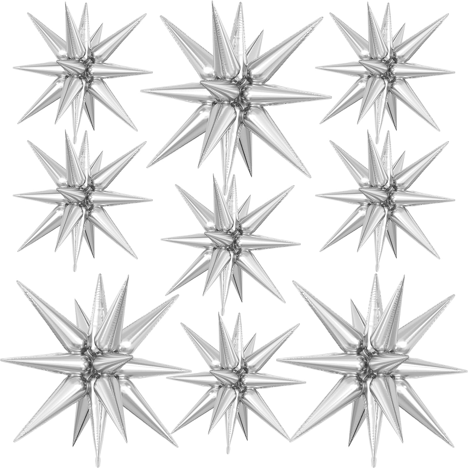 9Pcs Silver Star Balloons, Large Explosion Star Foil Balloons, Metallic Silver Mylar Spike Balloon for Birthday Wedding Anniversary New Year Christmas Graduation Party, 3 Pcs 27Inch & 6 Pcs 22Inch
