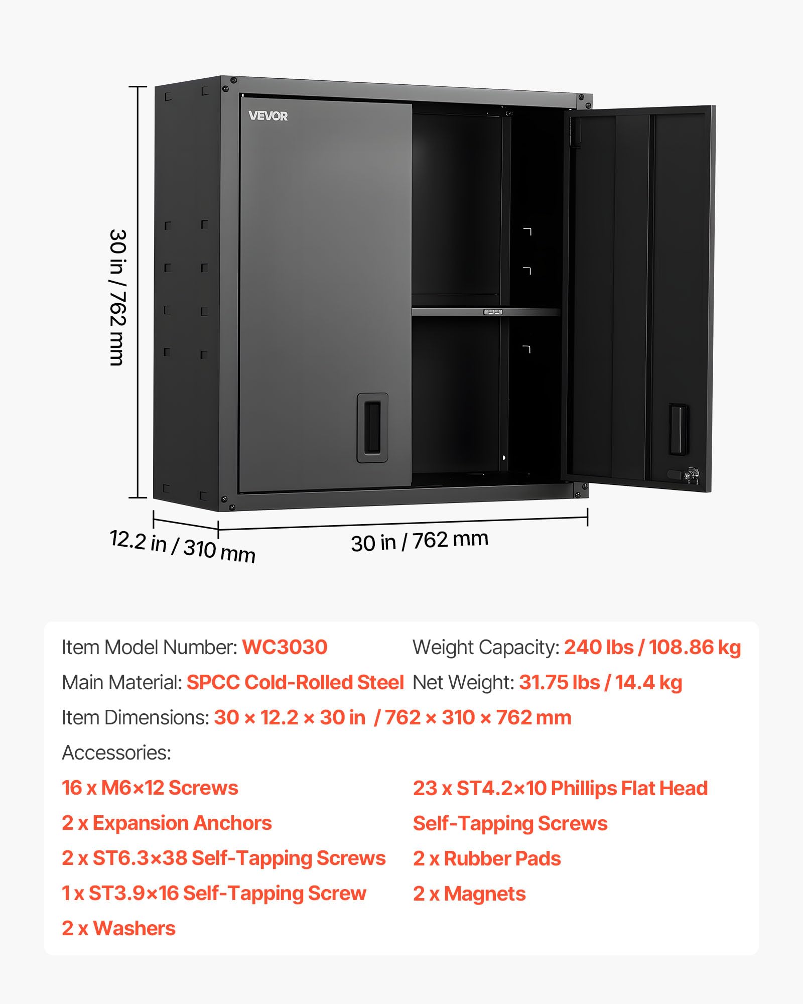 VEVOR Armario de Pared para Taller, 762 x 310 x 762 mm, Armario de Herramientas de Metal Colgante de Pared, con Puerta con Cerradura, Capacidad de 108,86 kg, para Garaje, Sótano y Almacén, Negro