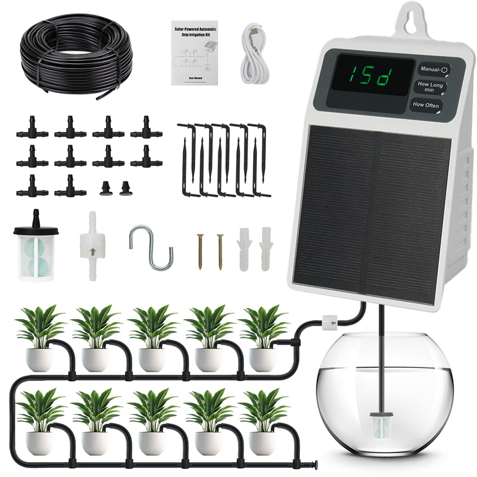 Irrigazione Aautomatica Solare, Irrigazione Programmabile Fai da Te 15 Giorni, Impermeabile con Display Digitale, Kit Irrigazione Solare per 10 Piante in Vaso, Interno, Balcone, Terrazzo ed Esterno