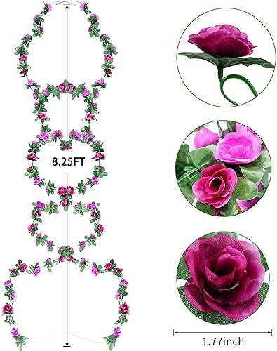 Miniatura 6 de WEISPARK Flores falsas  4 plantas artificiales de vid de rosas colgantes de hiedra rosa para el hogar, hotel, oficina, boda, fiesta, jardín,
