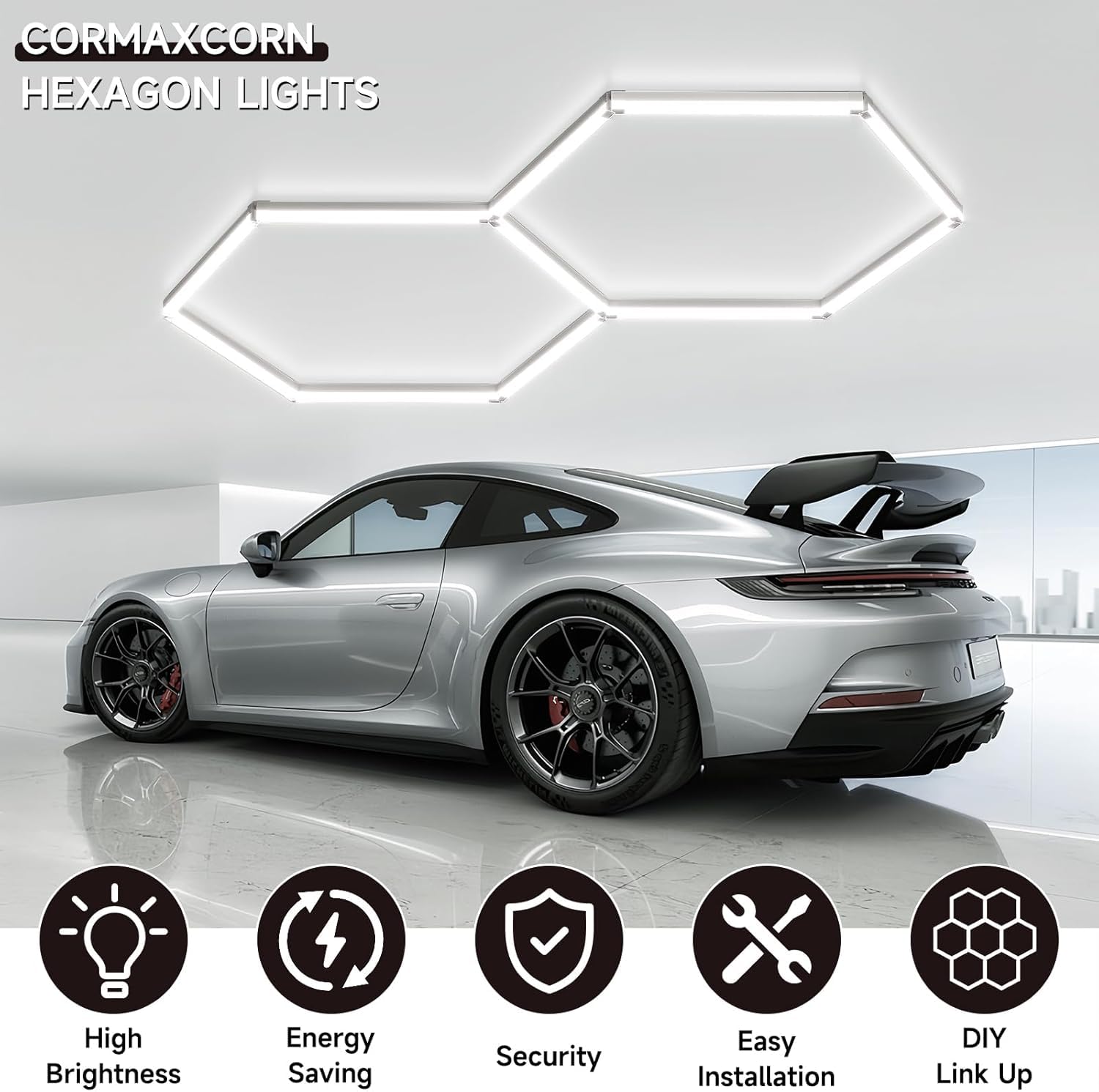 Lámpara de techo LED hexagonal para garaje-11pcs luces de tubo,88W 1.7x1.0m luces LED de techo conectables para taller,garaje,almacén,gimnasio,sala de lavado para el cuidado del automóvil (2-Hex)