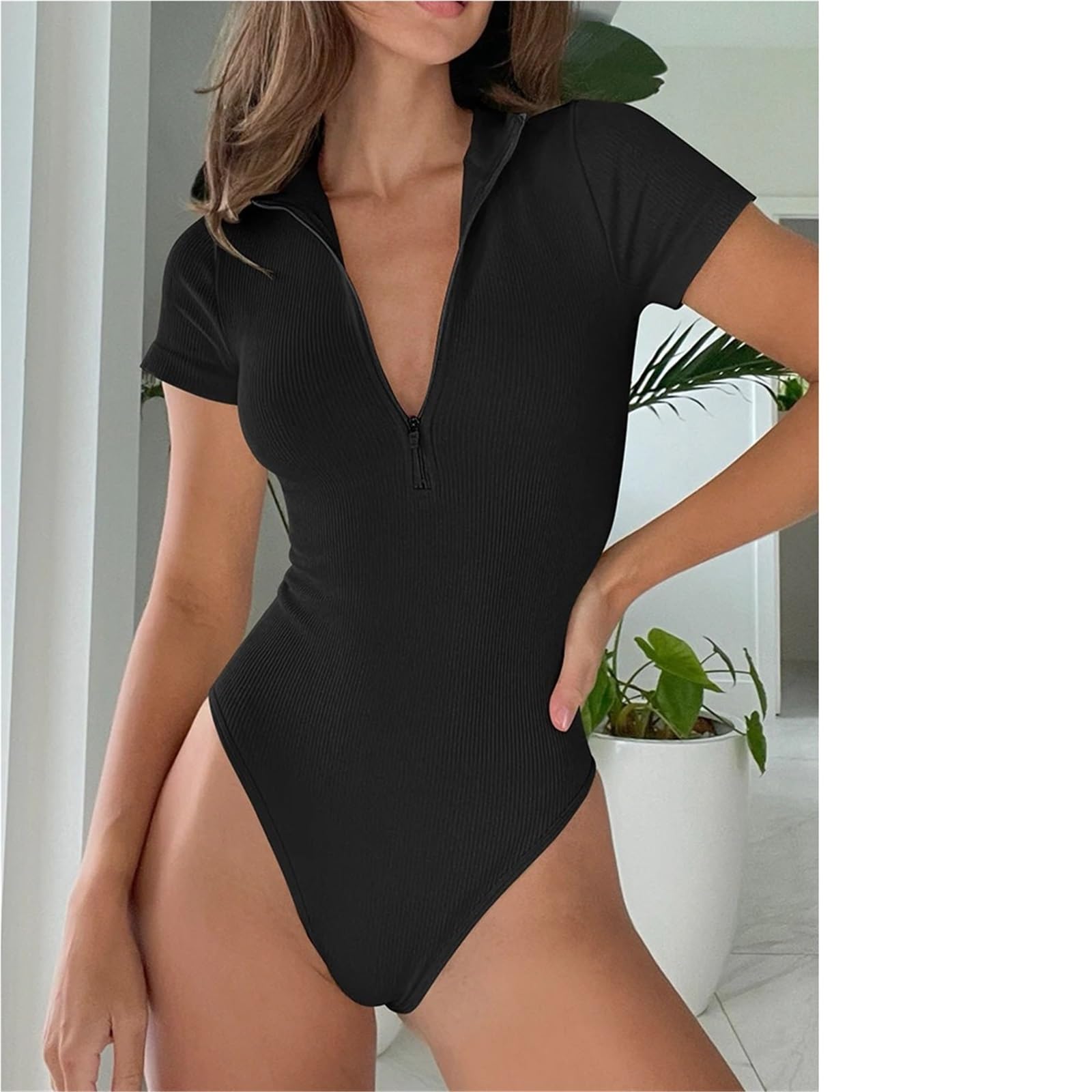 Mono de Yoga Mujer Body de yoga Medias manga corta con cuello en V Mono deportivo informal una pieza