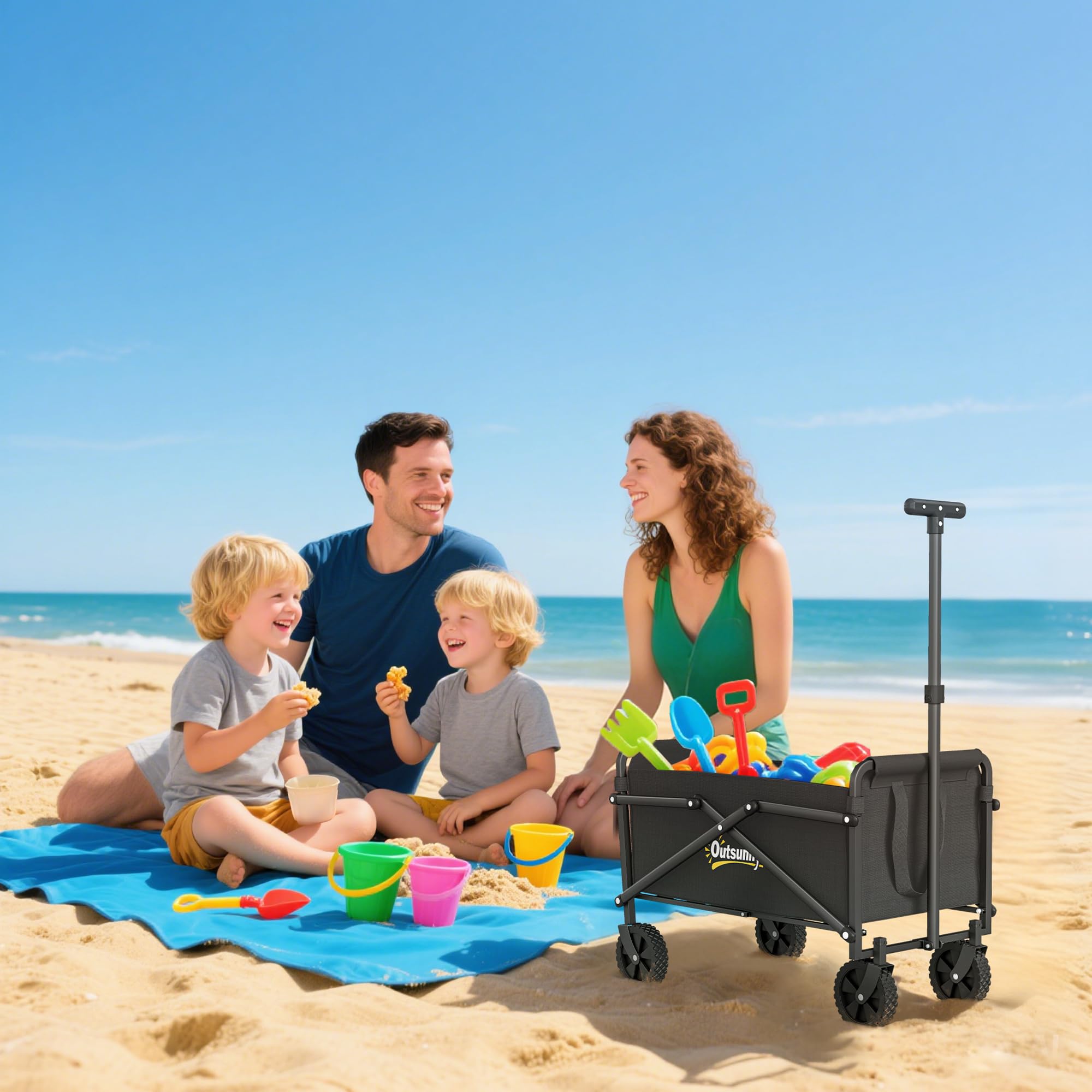 Outsunny Bollerwagen Faltbarer Handwagen 360° Gartenwagen Transportwagen mit verstellbarem Griff Strandwagen bis 60 kg Tragkraft, für Sport, Einkauf, Camping, Schwarz
