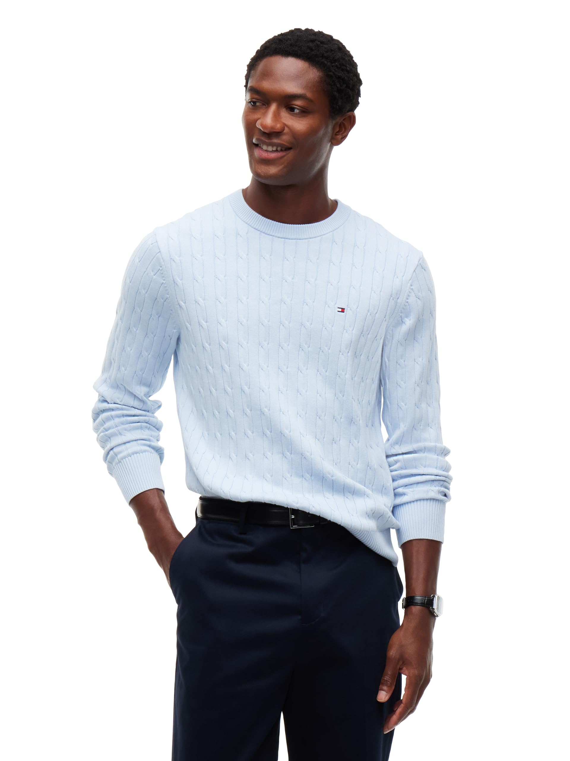 Tommy Hilfiger Men's Cable Knit Crewneck Sweater Lightweight Pullover