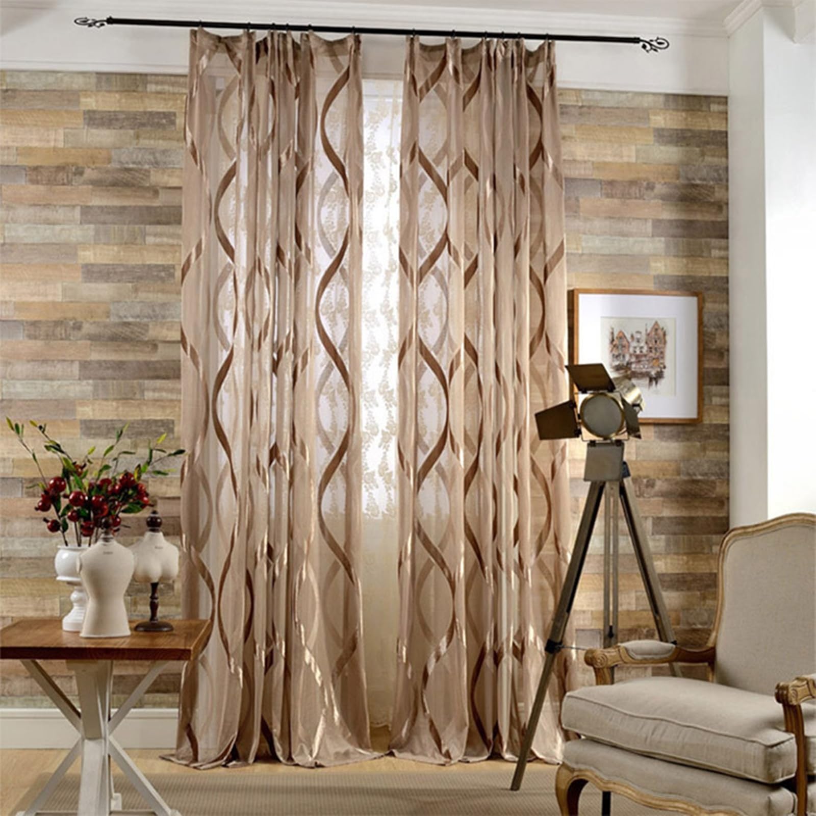 AMDXD Braun Halbtransparent Voile Vorhangschals mit Ösen, Welle Muster Transparente Vorhang Voile Polyester, 132x244CM(BxH)