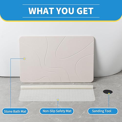 Miniatura 5 de Tapete de baño de piedra, de secado rápido, absorbente, para baño, tapete de baño antideslizante de diatomeas naturales, fácil de limpiar (blanco