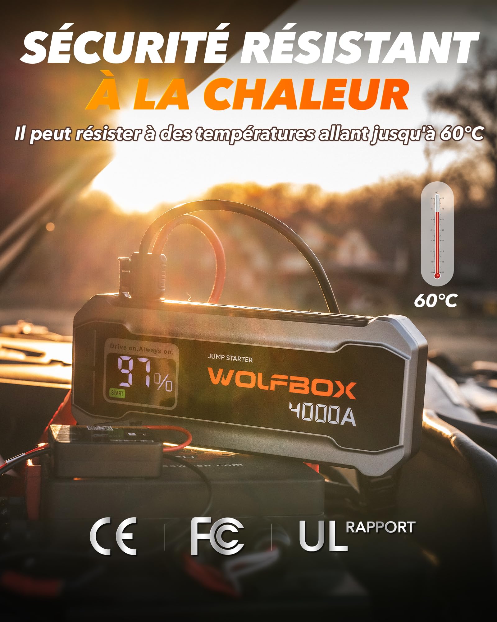 WOLFBOX Booster Batterie Voiture 4000A, Démarreur de Batterie Portable 24000mAh (Moteur Essence 10L et Diesel 10L), 12V Jump Starter avec Chargeur Rapide 65W, Écran LCD, lumière LED