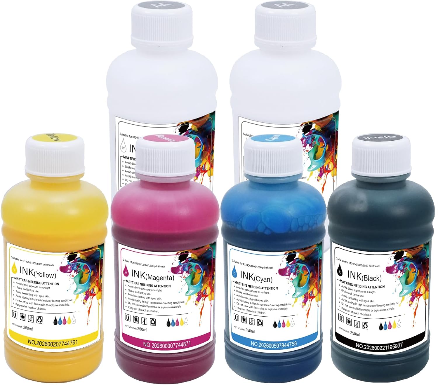 DTF Ink 250ML (8.5 oz) - Full Set CMYK + Double White for PET Film Heat Transfer Printing, DTF Pigment Ink Refill (6 Bottles)