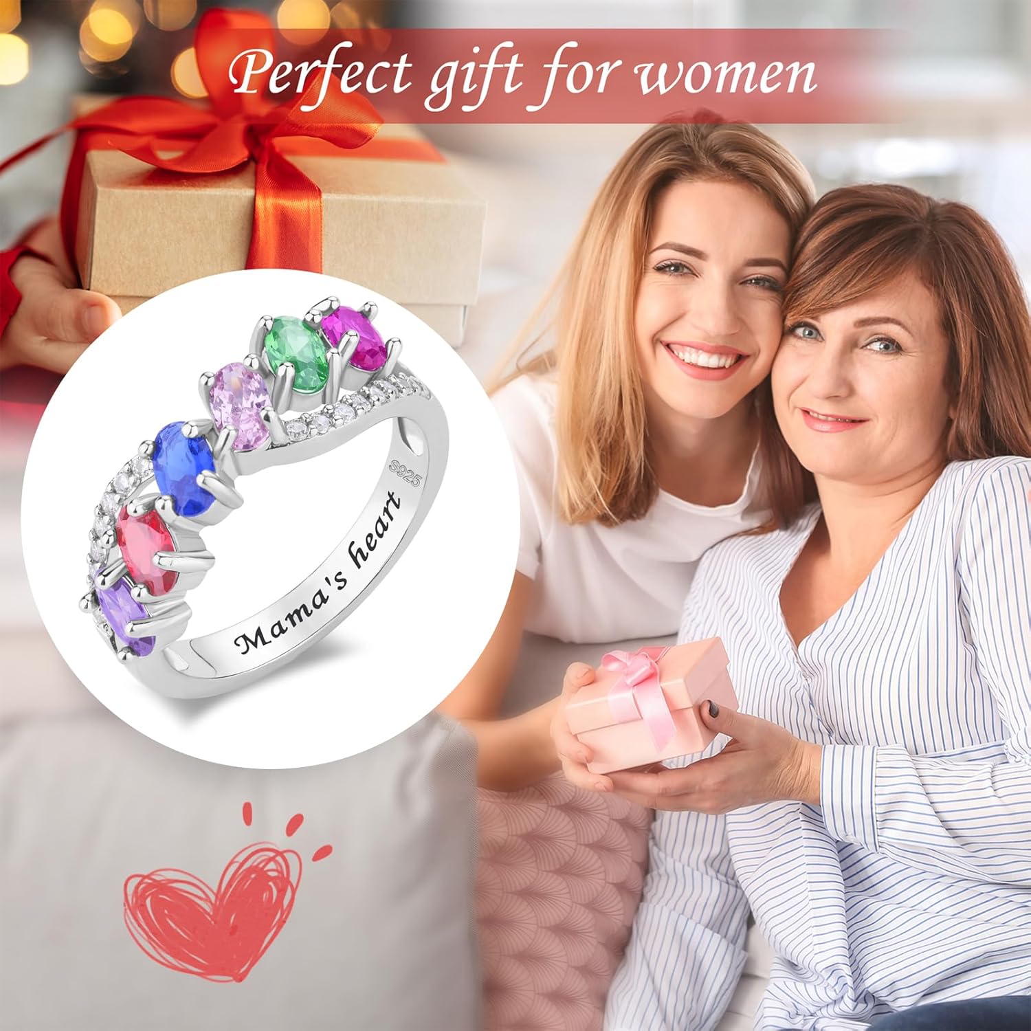 Personalized S925 Sterling Silver Ring Birthstone Rings for Women Customized Family Ring with 1-6 Birthstones Infinite Band Mothers Ring Gift for Mother's Day Christmas