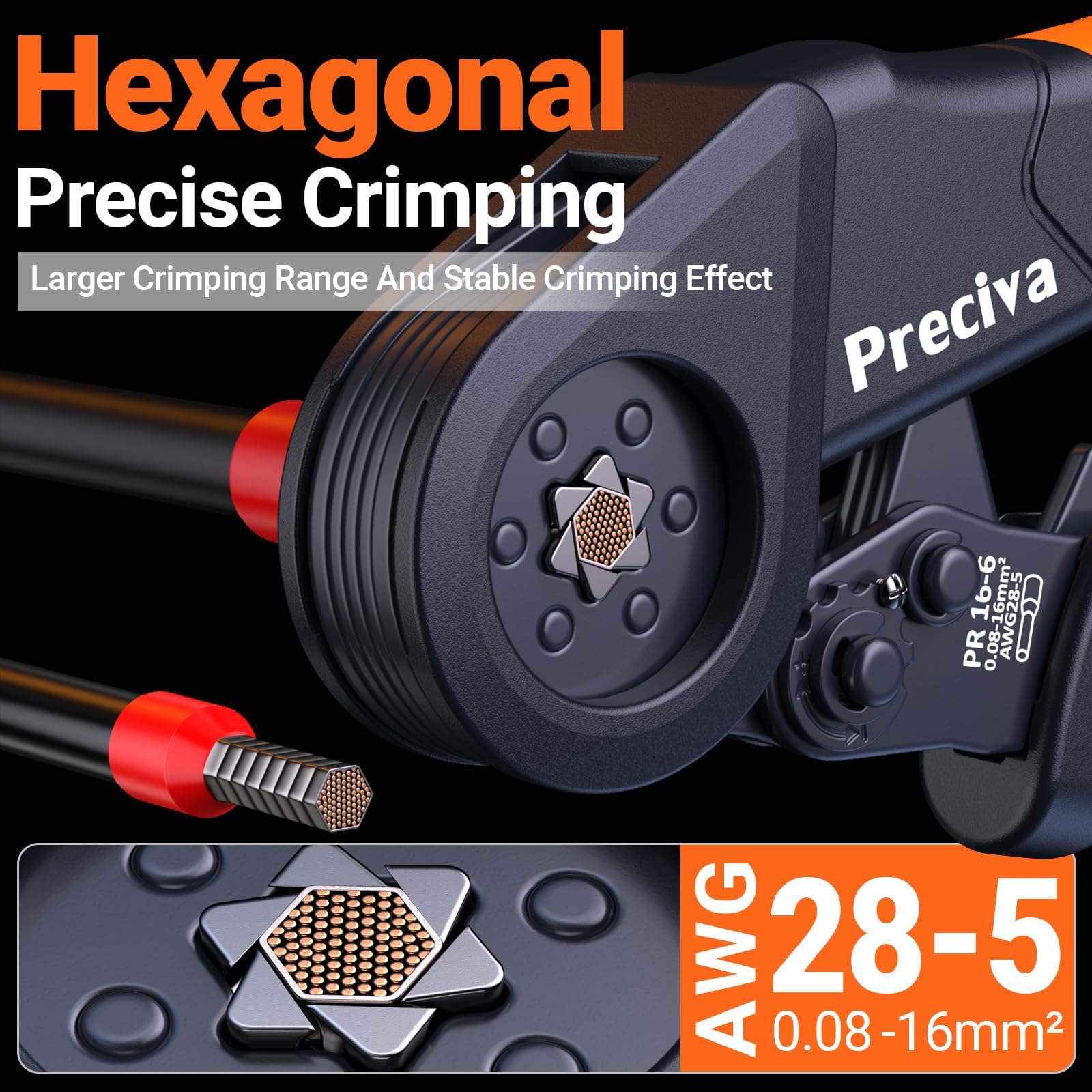 Preciva Pince à Sertir à Cliquet avec 1650 Cosses Electriques, 0,08-16 mm² (AWG28-5), Attaches Colliers de Câble et Papier Étiquette, Hexagonale Pince à Cliquet pour Câbles Isolés/Non Isolés