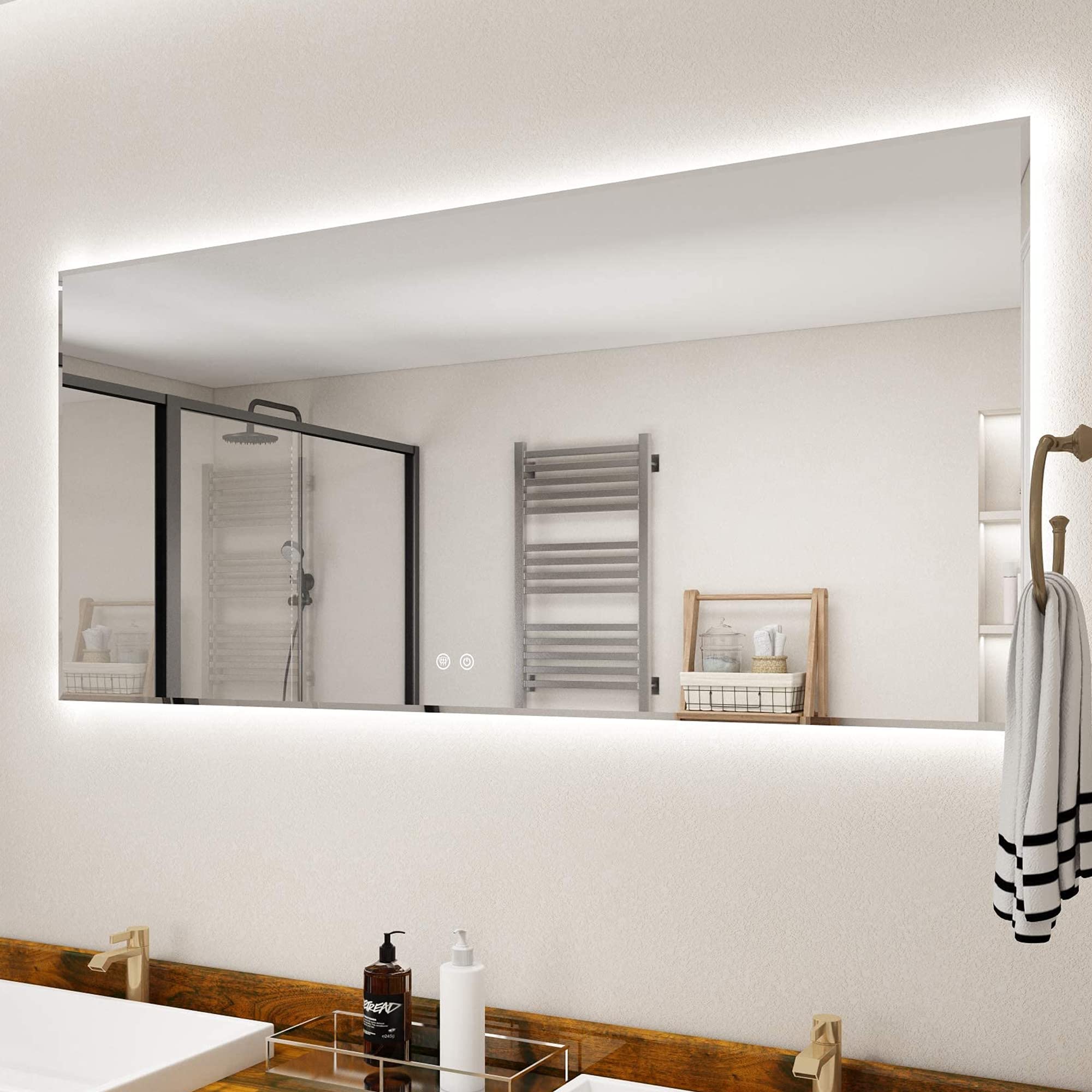 IOWVOE 60 x 28 Inch LED Mirror for Bathroom Backlit Mirror with Light, Anti-Fog, Brightness Adjustment, Wall Mounted Vanity Dimmable Lighted Mirror CRI 90 6400K